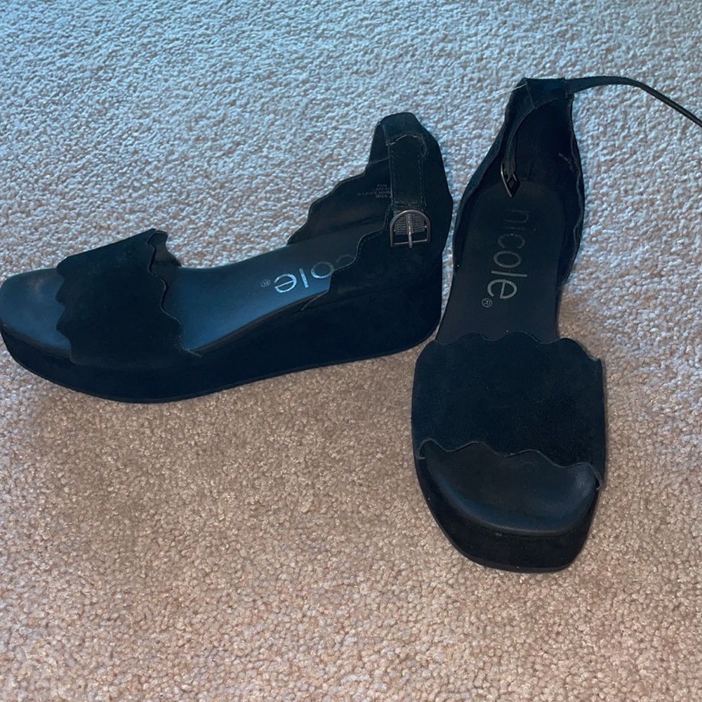 black platform sandals with adjustable ankle strap
